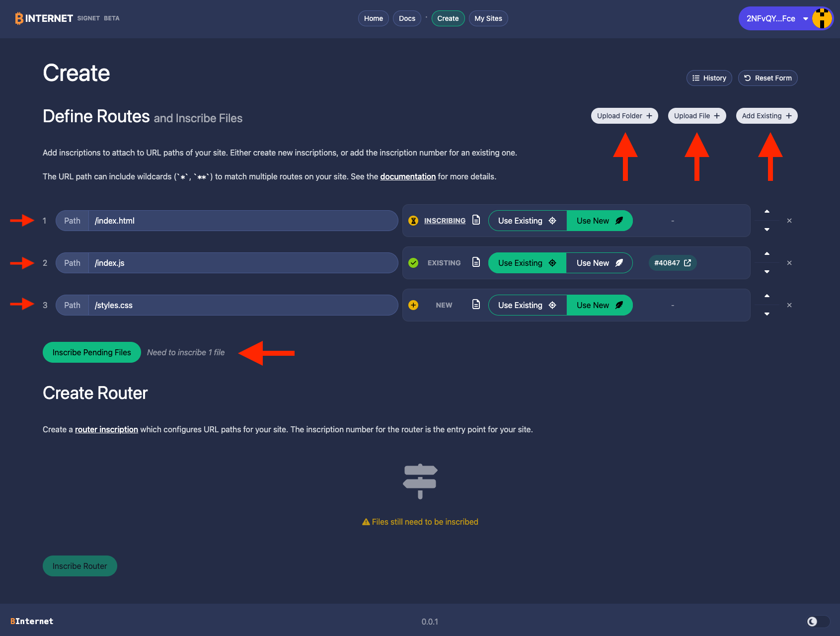 Create Page - define routes screenshot